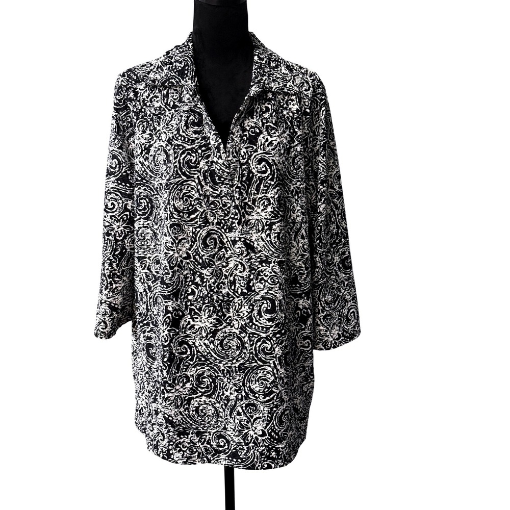 Lane Bryant Black White Swirl Paisley Tunic Blouse 22/24 Plus Size 3/4 Sleeve A8